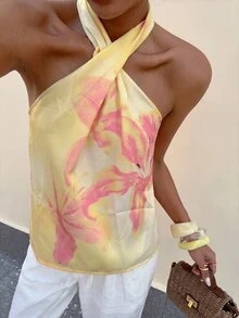 Lavishia 女款夏季橘色花卉印花上衣 浪漫度假海灘穿搭 - 彩色 - 查看 3