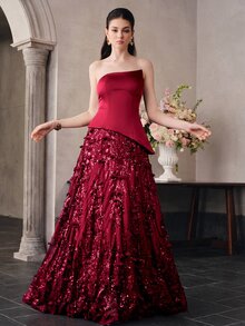 Anewsta Affair Women's Elegant Cold Shoulder Asymmetrical Sequin Evening Dress - Multicolor - View 3