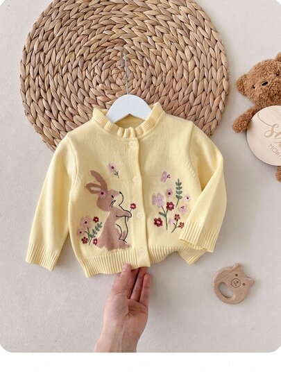 SHEIN Newborn Baby Girl Cute Cartoon Knitted Autumn Cardigan
