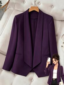 GlowEve CURVE Blazer Tanpa Kancing Leher Panjang Warna Ungu Serbaguna untuk Wanita Ukuran Plus, Cocok untuk Mode Kasual Sehari-hari Musim Gugur-Dingin. - Purple - View 3