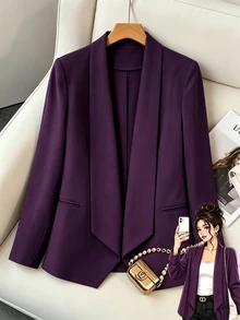 GlowEve CURVE Blazer Tanpa Kancing Leher Panjang Warna Ungu Serbaguna untuk Wanita Ukuran Plus, Cocok untuk Mode Kasual Sehari-hari Musim Gugur-Dingin. - Purple - View 1