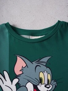 TOM & JERRY X SHEIN 小男孩卡通印花短袖T恤與短褲休閒套裝 - 綠色 - 查看 3