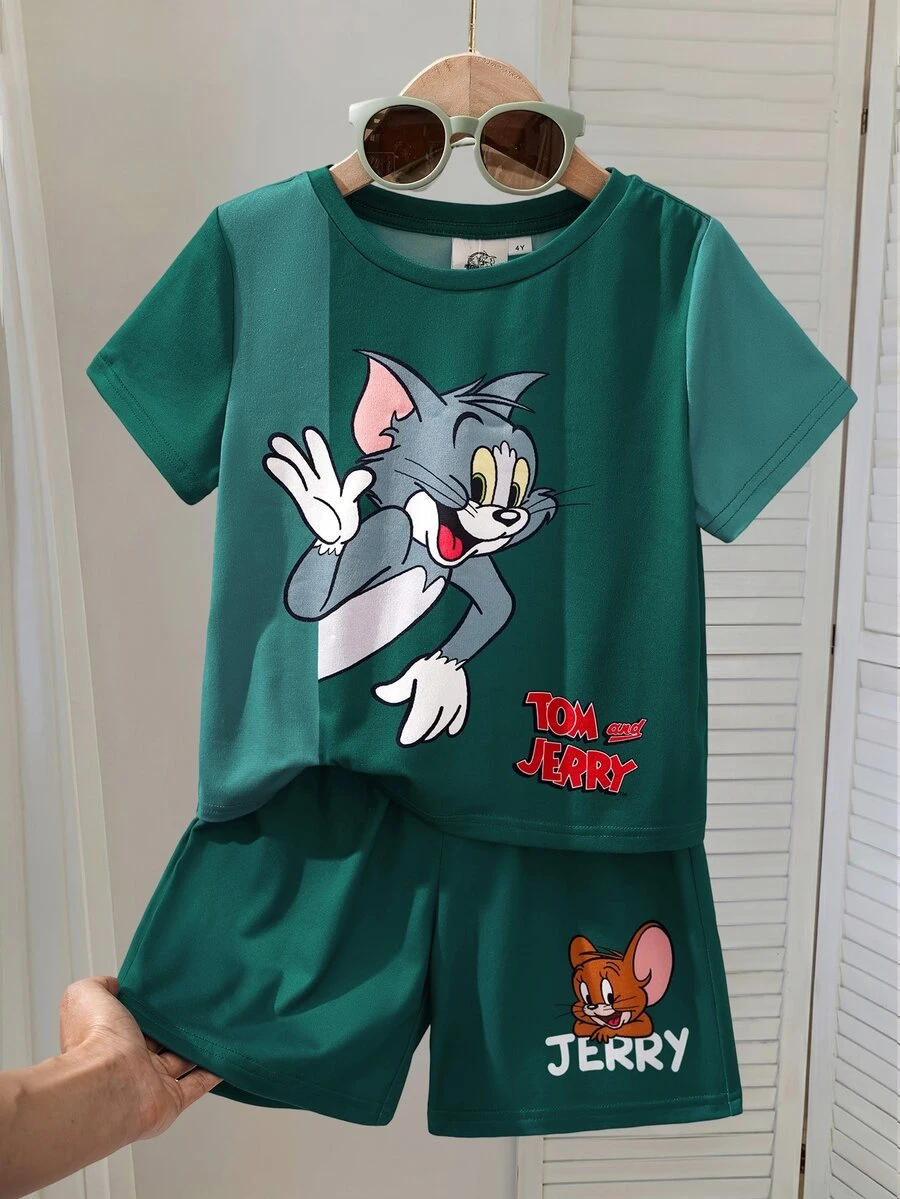 TOM & JERRY X SHEIN 小男孩卡通印花短袖T恤與短褲休閒套裝 - 綠色 - 查看 1