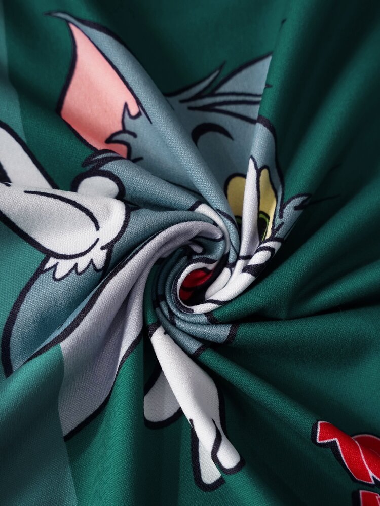 TOM & JERRY X SHEIN Young Boy Cartoon Print Short Sleeve T-Shirt And Shorts Casual Set - Green - View 5