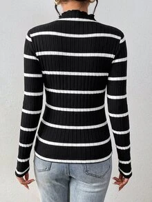 SHEIN Frenchy 女款韓式風格荷葉邊飾條紋拼接長袖T恤 - 黑色 - 查看 2