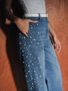 Anewsta Modern Fashion Elegant Mixed Rhinestone & Bead Denim Straight Wide Leg Jeans For Women, Fall, Winter, Summer, Spring, Going Out, Party, Wedding, New Year - Blue - View 8