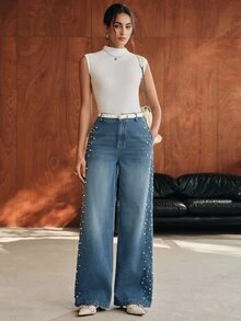 Anewsta Modern Fashion Elegant Mixed Rhinestone & Bead Denim Straight Wide Leg Jeans For Women, Fall, Winter, Summer, Spring, Going Out, Party, Wedding, New Year - Blue - View 6