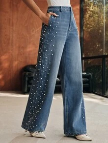 Anewsta Modern Fashion Elegant Mixed Rhinestone & Bead Denim Straight Wide Leg Jeans For Women, Fall, Winter, Summer, Spring, Going Out, Party, Wedding, New Year - Blue - View 5