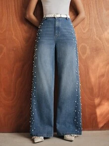 Anewsta Modern Fashion Elegant Mixed Rhinestone & Bead Denim Straight Wide Leg Jeans For Women, Fall, Winter, Summer, Spring, Going Out, Party, Wedding, New Year - Blue - View 4