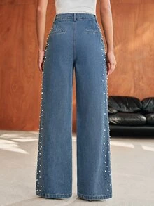 Anewsta Modern Fashion Elegant Mixed Rhinestone & Bead Denim Straight Wide Leg Jeans For Women, Fall, Winter, Summer, Spring, Going Out, Party, Wedding, New Year - Blue - View 2