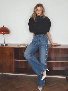 Anewsta Modern Fashion Elegant Mixed Rhinestone & Bead Denim Straight Wide Leg Jeans For Women, Fall, Winter, Summer, Spring, Going Out, Party, Wedding, New Year - Blue - View 1