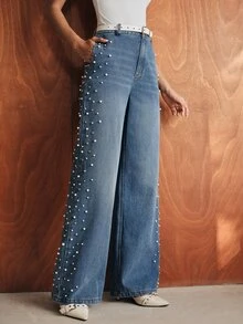 Anewsta Modern Fashion Elegant Mixed Rhinestone & Bead Denim Straight Wide Leg Jeans For Women, Fall, Winter, Summer, Spring, Going Out, Party, Wedding, New Year - Blue - View 7
