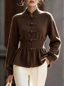 Elenzga Elegant Ru Yi Button Waist-Cinching Long Sleeve Cardigan For Women - Brown - View 2