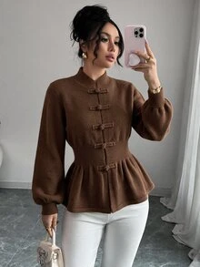 Elenzga Elegant Ru Yi Button Waist-Cinching Long Sleeve Cardigan For Women - Brown - View 1