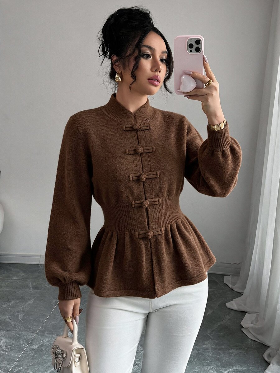 Elenzga Elegant Ru Yi Button Waist-Cinching Long Sleeve Cardigan For Women - Brown - View 1