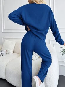 SHEIN Tall Size Women's Royal Blue Solid Color Drop Shoulder Long Sleeve Top And High Waist Pants Casual Rib Knit Detailed 2-Piece Set - Royal Blue - View 2