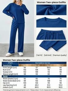 SHEIN Tall Size Women's Royal Blue Solid Color Drop Shoulder Long Sleeve Top And High Waist Pants Casual Rib Knit Detailed 2-Piece Set - Royal Blue - View 3