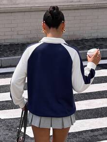 SHEIN EZwear 女款運動衫，藍白拼色設計翻領長袖，美式街頭風街頭服飾，街頭時尚秋季日常海灘 - 彩色 - 查看 5