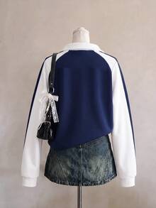 SHEIN EZwear 女款運動衫，藍白拼色設計翻領長袖，美式街頭風街頭服飾，街頭時尚秋季日常海灘 - 彩色 - 查看 8