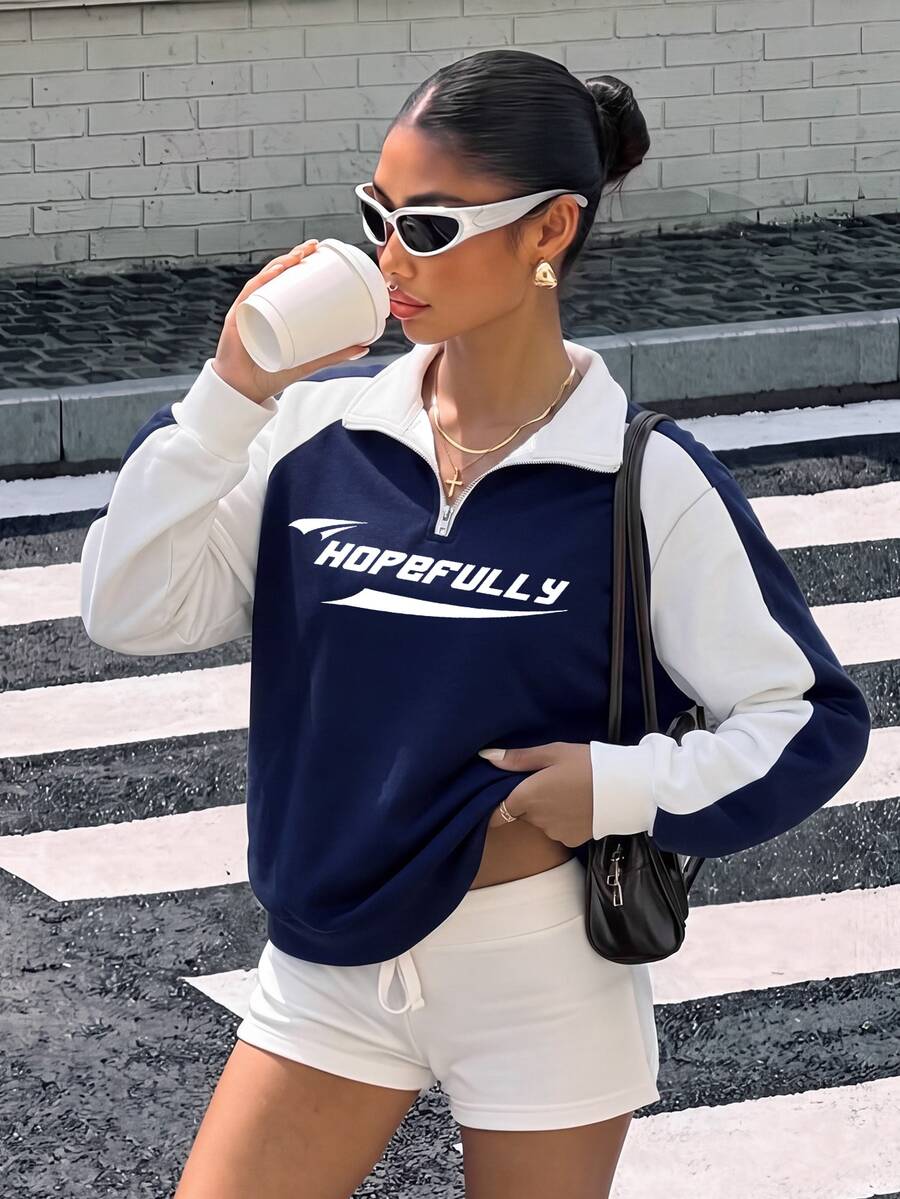 SHEIN EZwear 女款運動衫,藍白拼色設計翻領長袖,美式街頭風街頭服飾,街頭時尚秋季日常海灘 - 彩色 - 查看 1