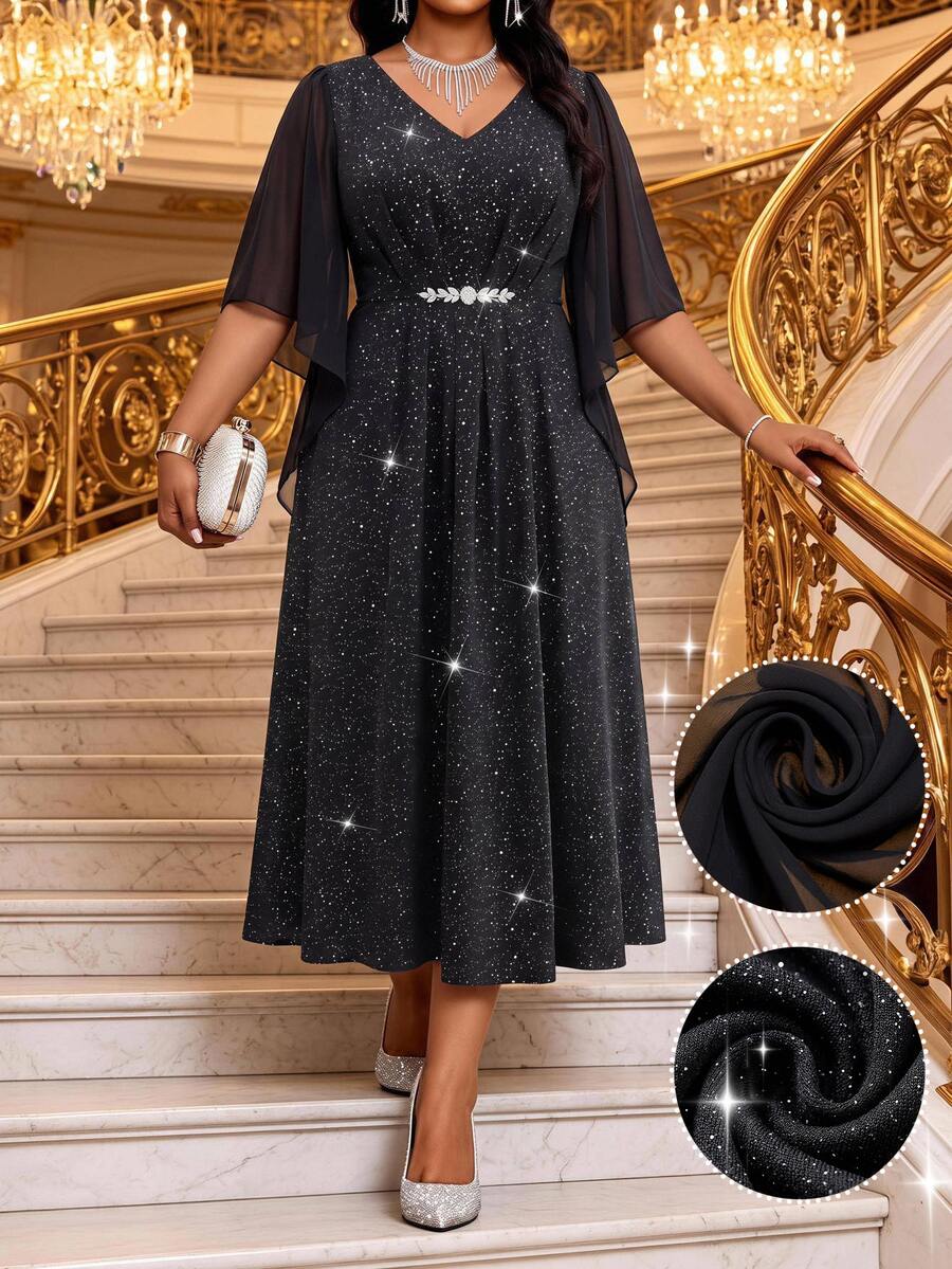 Fleurora Plus Size Fashion Party Wedding Formal Cocktail Glitter Rhinestone Decorated Dress Black Sparkly Women Elegant Ceremony Festival Outfits Summer - Black - View 1