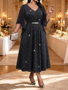 Fleurora Plus Size Fashion Party Wedding Formal Cocktail Glitter Rhinestone Decorated Dress Black Sparkly Women Elegant Ceremony Festival Outfits Summer - Black - View 3