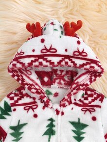 SHEIN 1件嬰兒女童男童連帽連腳連身衣 可愛白色紅綠3D鹿角麋鹿印花 長袖厚絨 拉鍊式 聖誕節假期冬季秋季 - 黃色 - 查看 3