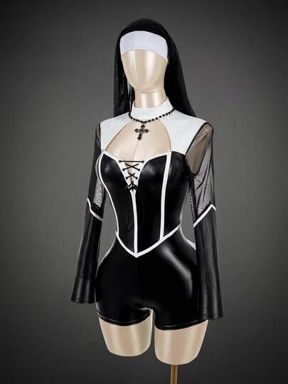 SHEIN ICON Women's Sexy Colorblock Mesh Patchwork Fitted Romper Unitard For Halloween