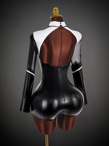 SHEIN ICON Women's Sexy Colorblock Mesh Patchwork Fitted Romper Unitard For Halloween - Black and White - View 8