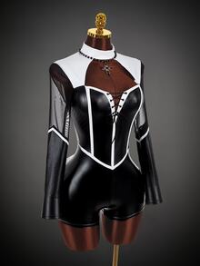 SHEIN ICON Women's Sexy Colorblock Mesh Patchwork Fitted Romper Unitard For Halloween - Black and White - View 11
