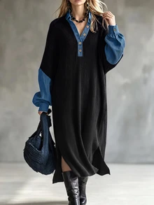 Trelyra Women's Autumn/Winter Lapel Balloon Sleeve Long Sleeve Loose Fit Dress, Denim Patchwork, New Versatile Style, Suitable For Daily Shopping And Commuting - Black - View 6