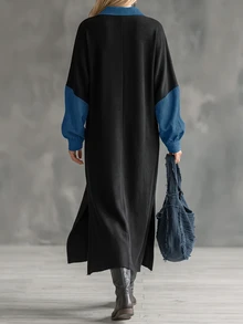 Trelyra Women's Autumn/Winter Lapel Balloon Sleeve Long Sleeve Loose Fit Dress, Denim Patchwork, New Versatile Style, Suitable For Daily Shopping And Commuting - Black - View 2