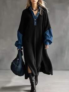 Trelyra Women's Autumn/Winter Lapel Balloon Sleeve Long Sleeve Loose Fit Dress, Denim Patchwork, New Versatile Style, Suitable For Daily Shopping And Commuting - Black - View 4