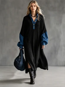Trelyra Women's Autumn/Winter Lapel Balloon Sleeve Long Sleeve Loose Fit Dress, Denim Patchwork, New Versatile Style, Suitable For Daily Shopping And Commuting - Black - View 3