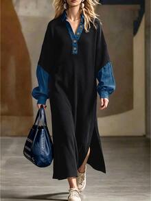 Trelyra Women's Autumn/Winter Lapel Balloon Sleeve Long Sleeve Loose Fit Dress, Denim Patchwork, New Versatile Style, Suitable For Daily Shopping And Commuting - Black - View 8