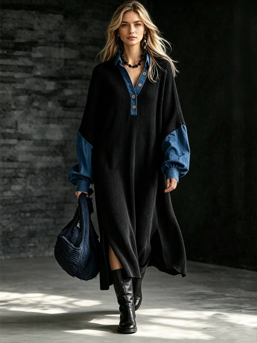 Trelyra Women's Autumn/Winter Lapel Balloon Sleeve Long Sleeve Loose Fit Dress, Denim Patchwork, New Versatile Style, Suitable For Daily Shopping And Commuting - Black - View 1