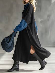 Trelyra Women's Autumn/Winter Lapel Balloon Sleeve Long Sleeve Loose Fit Dress, Denim Patchwork, New Versatile Style, Suitable For Daily Shopping And Commuting - Black - View 5