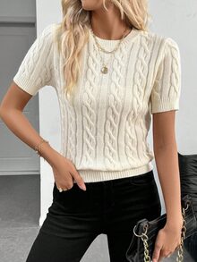 SHEIN PariChic 潮流博主灵感扭绳装饰圆领毛衣，时尚设计，百搭，秋冬 - 米色 - 查看 7