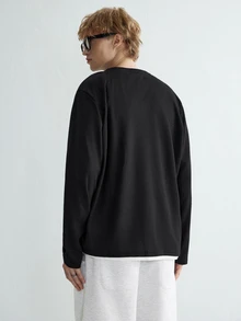 Sonviro Men Solid Waffle Knit 2 In 1 Tee, Men Long Sleeve Top,Fall - Black - View 2