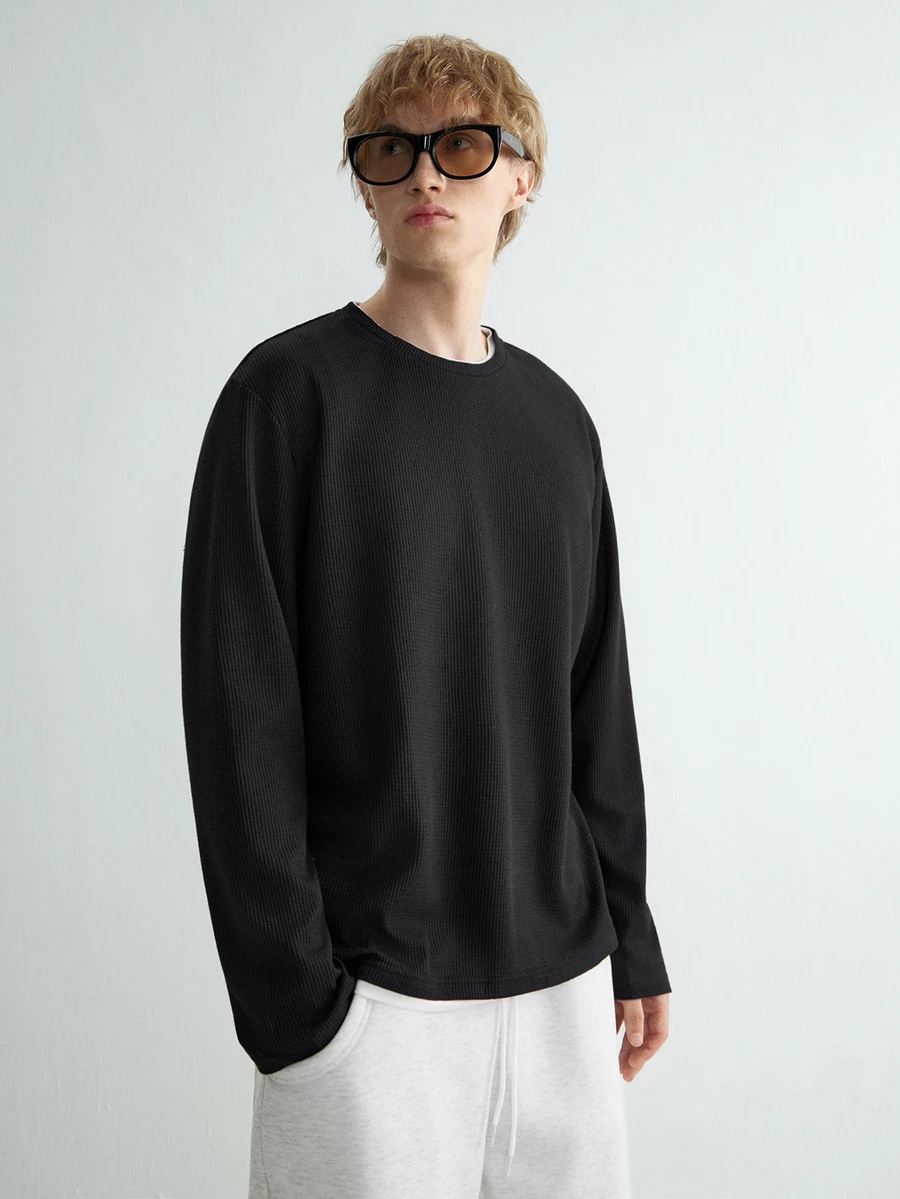 Sonviro Men Solid Waffle Knit 2 In 1 Tee, Men Long Sleeve Top,Fall - Black - View 1