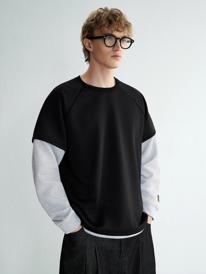Sonviro Loose Men's Letter Patched Raglan Sleeve 2-In-1 Sweatshirt Y2k Long Men Oversized Gym Shirts S Streetwear Grey Shirt