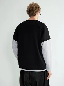 Sonviro Loose Men's Letter Patched Raglan Sleeve 2-In-1 Sweatshirt Y2k Long Men Oversized Gym Shirts S Streetwear Grey Shirt - Multicolor - View 2