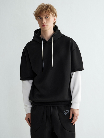 Sonviro Men's Loose Fit Color Block 2-In-1 Hooded Sweatshirt With Drawstring, Black And White Hoodie, Hoodies For Men Y2k, Casual, Fall, Long Sleeve Top