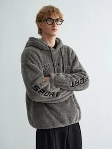 Sonviro 男士超大泰迪熊图案抓绒抽绳连帽卫衣，落肩设计，字母刺绣，秋冬款，长袖上衣 - 灰色 - 查看 5