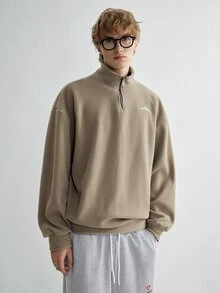 Sonviro 男士山地刺绣拉链休闲套头衫，男士服装在线选购，男士套头衫，男士四分之一拉链抓绒衫，男士复古风格，适合日常休闲、周末旅行、户外活动、探险旅行、轻松的工作环境或半正式场合，也是送给男友/丈夫、周年纪念日或圣诞节的理想礼物。 - 卡其色 - 查看 4