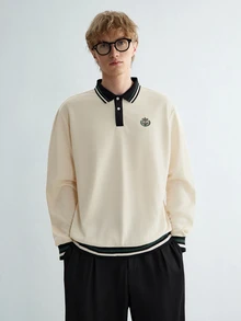 Sonviro 男士撞色拼接纽扣前开襟休闲套头卫衣，秋季款，长袖上衣 - 杏色 - 查看 1
