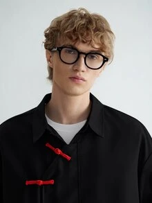 Sonviro PAVTROS Men's Red Frog Button Asymmetrical Shirt, New Chinese Cropped Summer Streetwear - Black - View 4