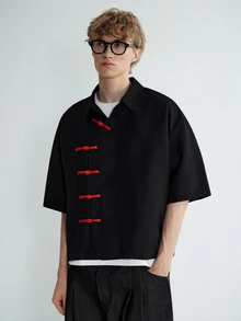 Sonviro PAVTROS Men's Red Frog Button Asymmetrical Shirt, New Chinese Cropped Summer Streetwear - Black - View 5