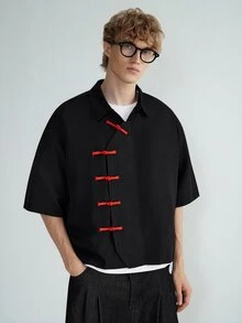 Sonviro PAVTROS Men's Red Frog Button Asymmetrical Shirt, New Chinese Cropped Summer Streetwear - Black - View 1