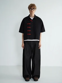 Sonviro PAVTROS Men's Red Frog Button Asymmetrical Shirt, New Chinese Cropped Summer Streetwear - Black - View 3